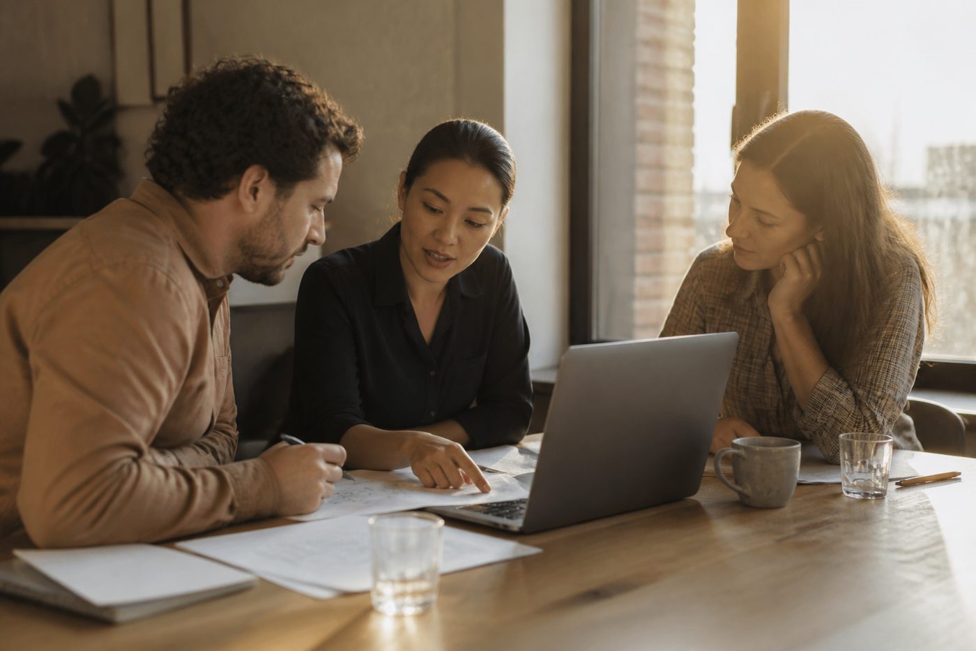 Tres personas trabajando juntas en una mesa de madera